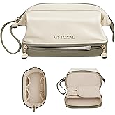 MSTONAL Travel Makeup Bag, Large Capacity Double Layer Cosmetic Bags for Women, Waterproof Portable Make Up Skincare Pouch with Makeup Brush Organizer, Toiletry Bag for Essentials, Beige & Olive Green