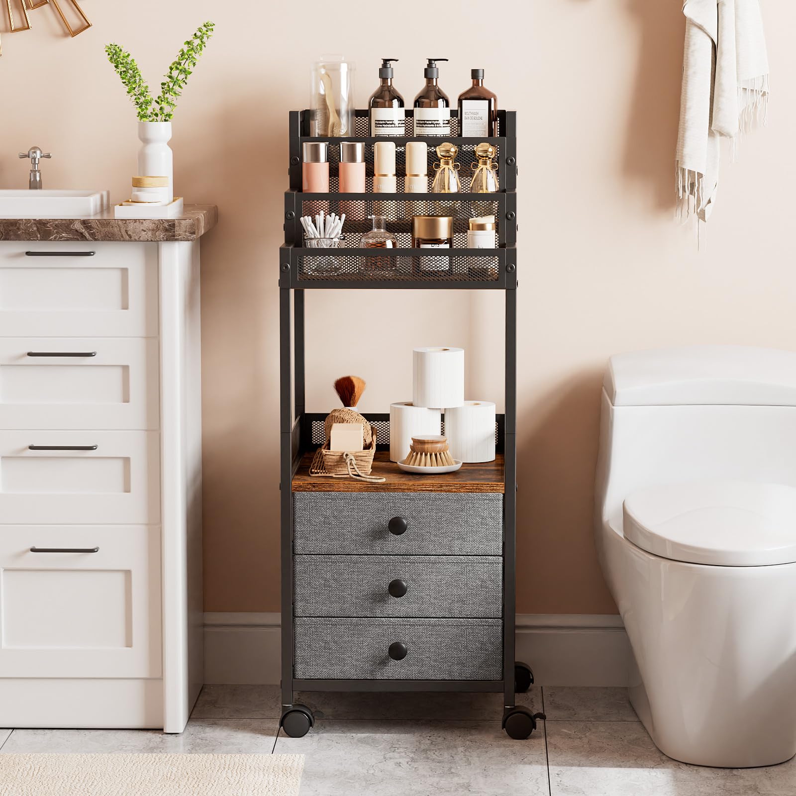 FURFUN Display Riser Stand Perfume Cologne Organizer, Rolling Makeup Storage Cart with Fabric Drawers, Floor Vanity Cosmetics Display Cases for Skin Care Nail Polish Figures Rustic Brown Ladder Stand