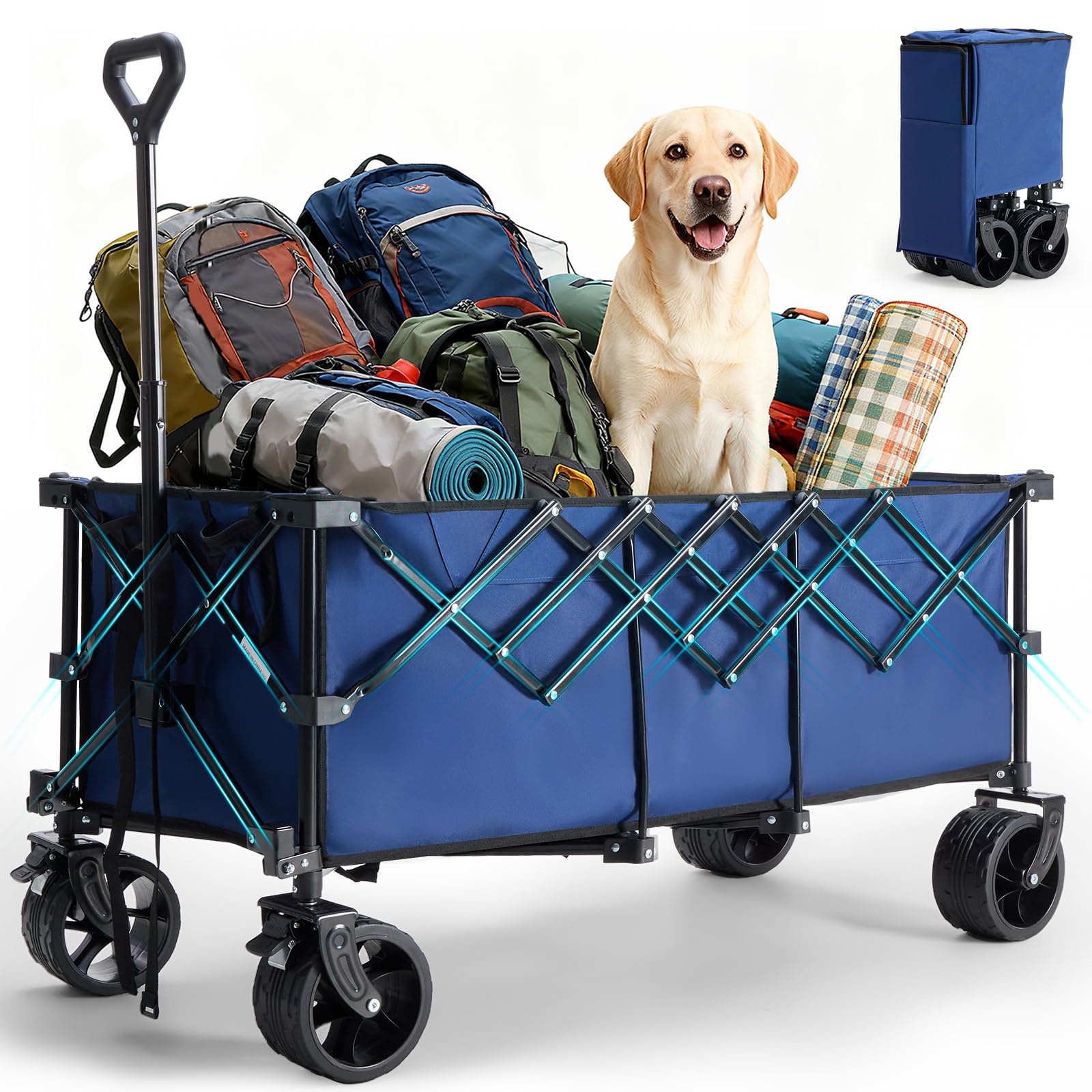 OLIXIS Collapsible Wagon Cart – 440lbs Foldable 49″ Extra Long Heavy Duty Utility Wagon with Wheels, Portable Storage Grocery Cart for Camping, Shopping, Sports, Beach, Garden, Blue
