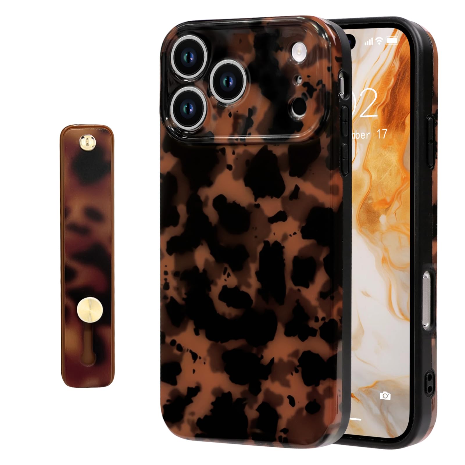 Photo 1 of **PARTIAL SET---NO STRAP--**NITITOP Compatible for iPhone 17 Pro Case with Wrist Strap Cute Stylish Leopard Print Amber Tortoise for Women Girls Men Soft TPU Shockproof Protective Cover - Black Leopard