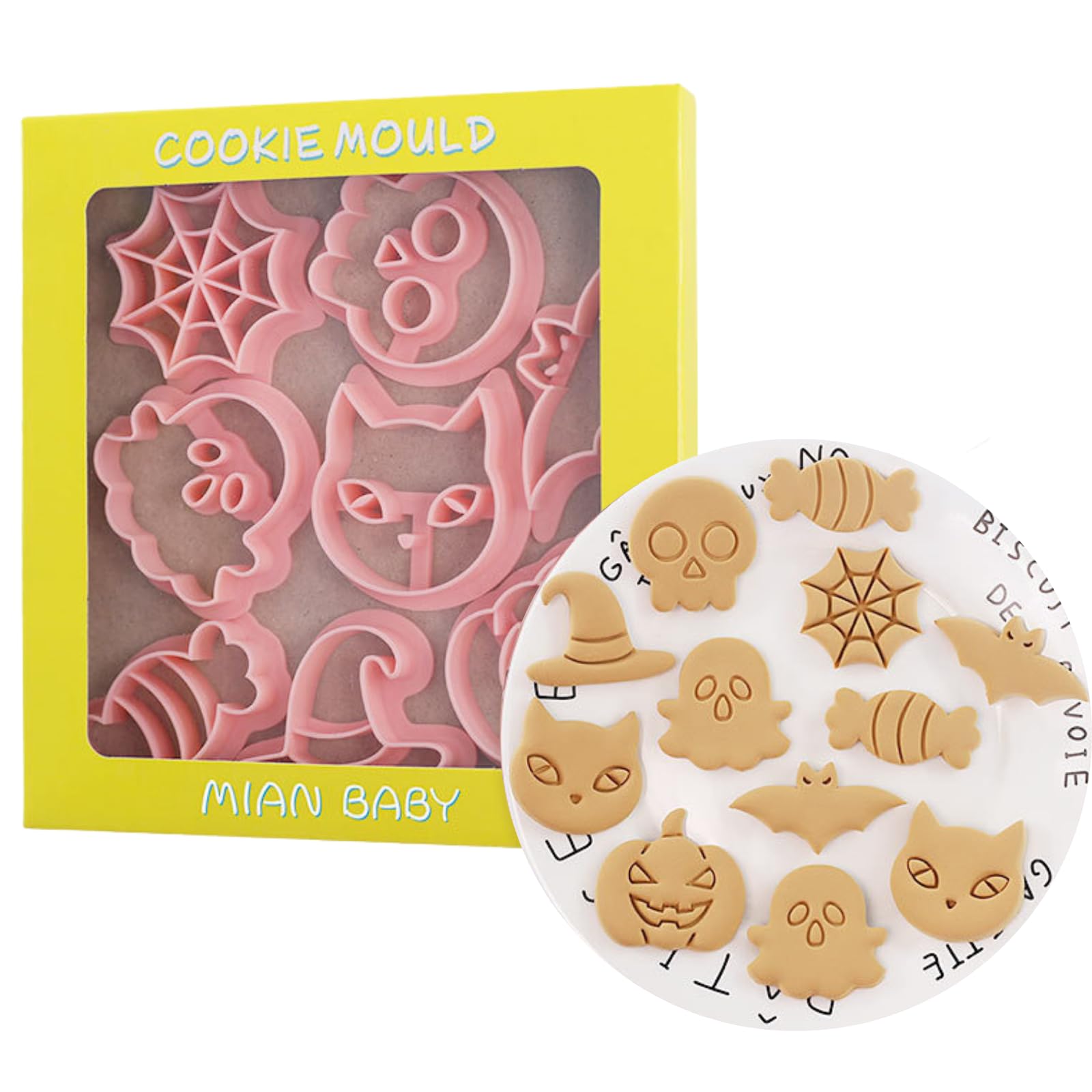 8 Pcs Halloween Cookie Cutters Shape Halloween Plastic Cookie Stamp Set Pressable Pastry Biscuit Cutter Mold Emboss Bat Ghost Pumpkin Cat Witch Hat Candy Skull Spider DIY Baking Decor — image 1