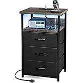 Fixwal Night Stand with Charging Station, LED Nightstand with U-S-B Ports and Outlets, 3 Fabric Storage Drawers with PU Finish, Bed Side Table, Charcoal Gray