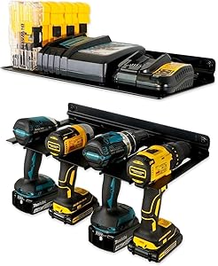 StoreYourBoard Electric Drill Storage Rack with Storage Shelf, Holds 4 Drills & Batteries, Hanging Wall Mounted Organizer for Garage, Home, Workshop, Shed