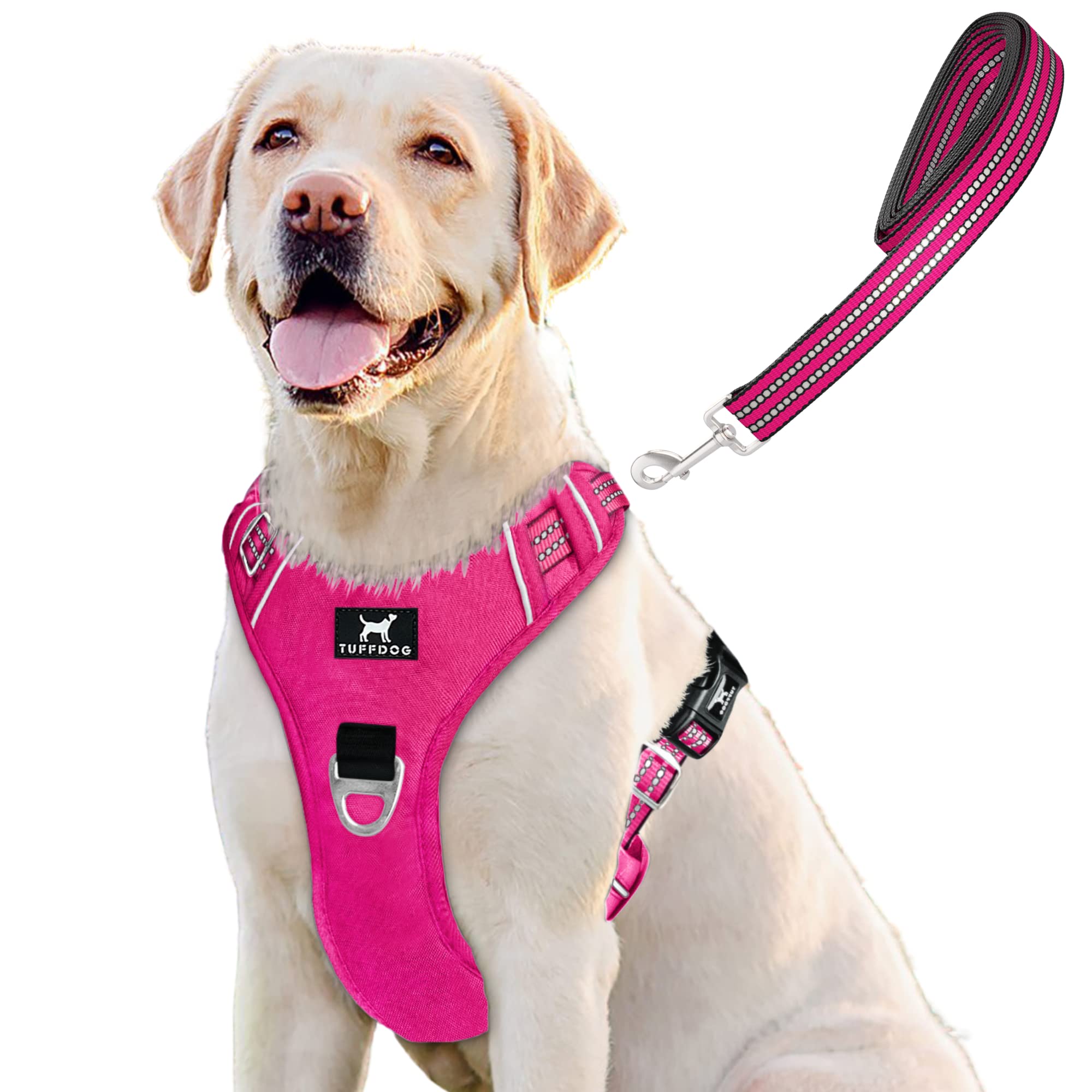 TUFFDOG Easy-Fit Dog Harness, Large - Fast Release Neck Clip, Premium Padded Reflective No Pull Harness with Control Handle, Adjustable Step-in Dog Vest Plus Free Matching Lead (L Hot Pink)