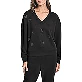 DKNY womens All Over Rhinestone V-neck Logo Fleece Sweatshirt