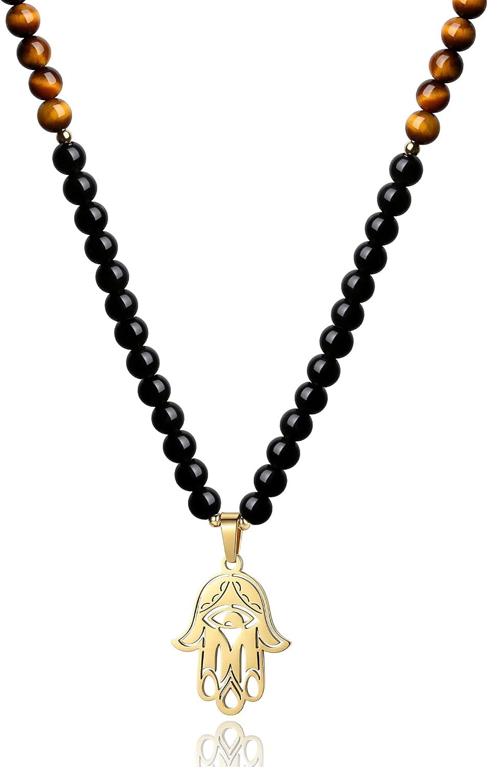COAI Hamsa Hand Black Obsidian Tiger Eye Stone Beaded 108 Mala Necklace, Golden-Brown or Golden-Yellow, Mittel