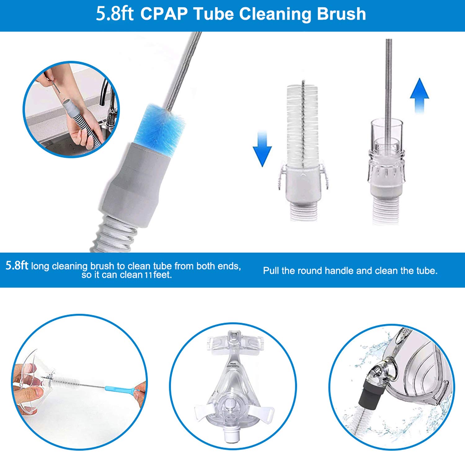 CPAP Tube Cleaning Brush - Flexible Stainless (6 Feet) Plus Handy Brush (10 Inches) fits Standard 22mm Diameter Tubing