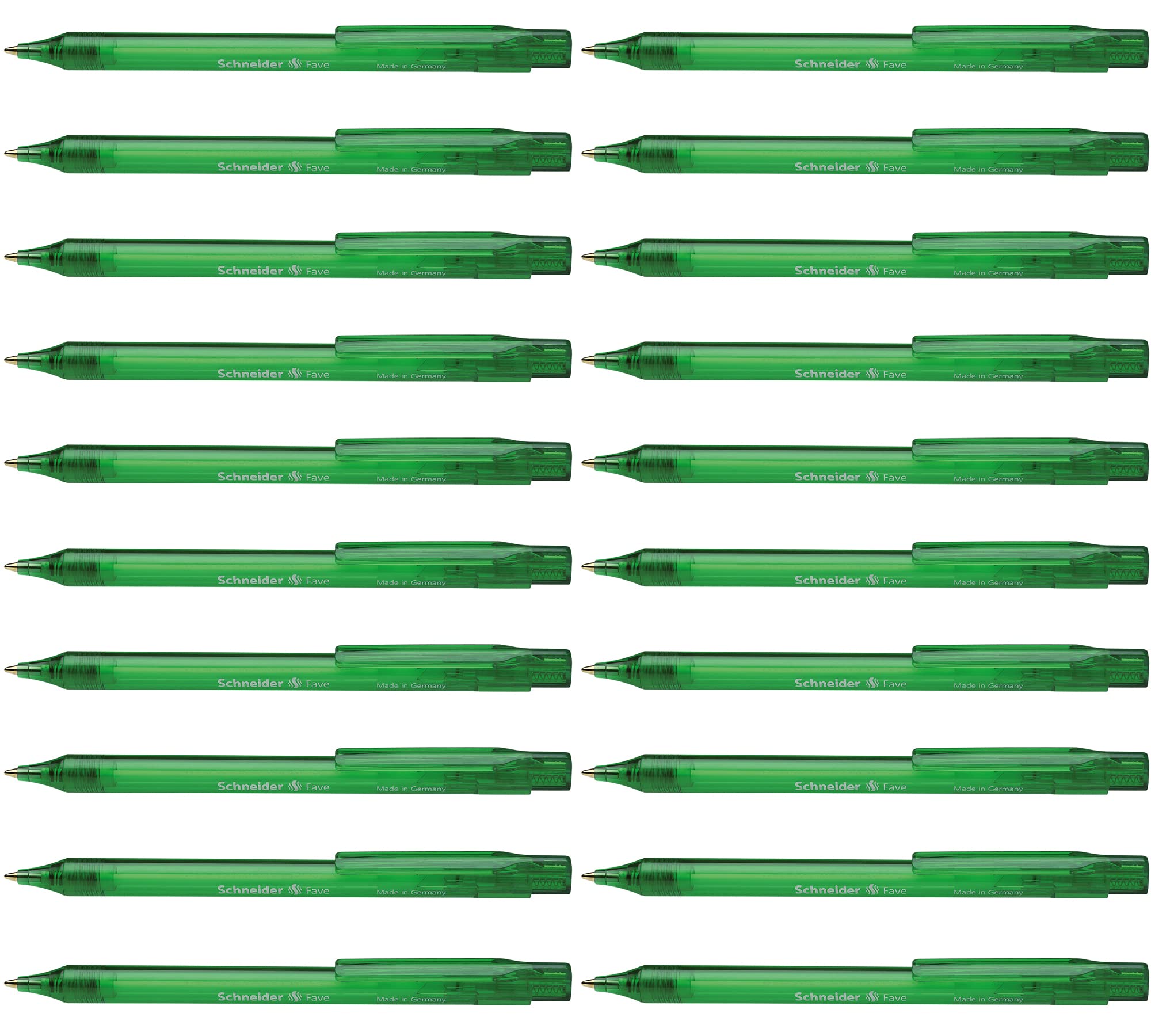Schneider Fave Click-Top Ballpoint Pens M Tip Pack of 20 / Transparent Green Barrel / Green Ink