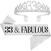 UVATAHONA 33rd Birthday Sash and Tiara for Women, 33 & Fabulous Birthday Sash and Crown for Party Favors Supplies and Decorations, Silver
