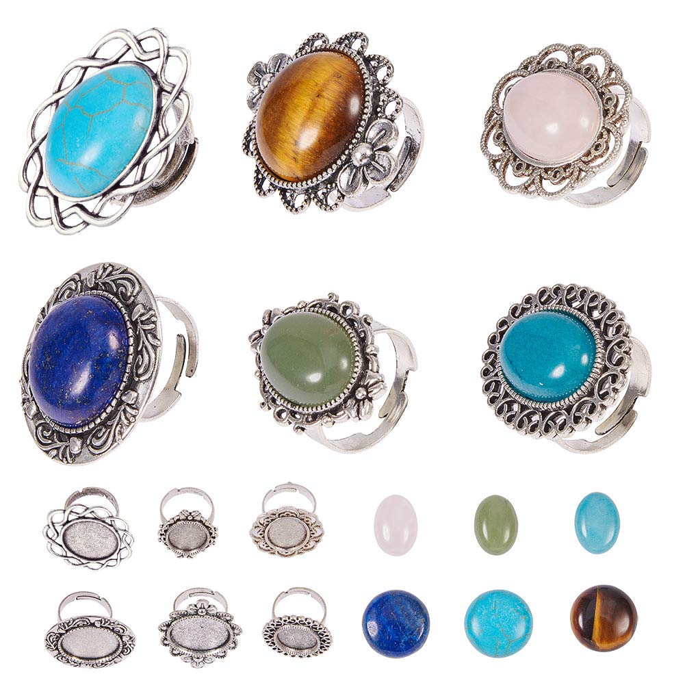 SUNNYCLUE 6pcs Antique Silver Adjustable Blank Flower Cabochon Ring Settings with 6pcs Round 20mm Gemstone Cabochons for DIY Ring Making