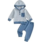 Eurvoku Toddler Baby Boy Fall Winter Clothes Striped Waffle Button Long Sleeve Hoodie Sweatshirt Top and Pants Set