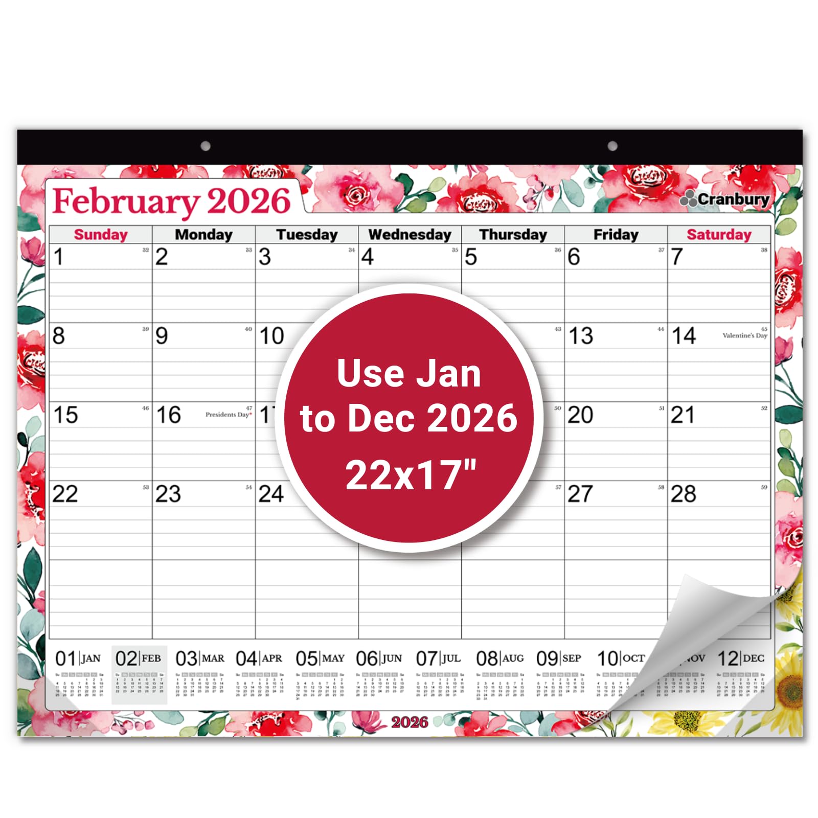 Photo 1 of CRANBURY Large 22x17 Desk Calendar 2026, Use Jan to Dec 2026 as Big Deskpad Calendar or Extra Large Hanging Wall Planner, Gorgeous Floral Designs, Includes Stickers