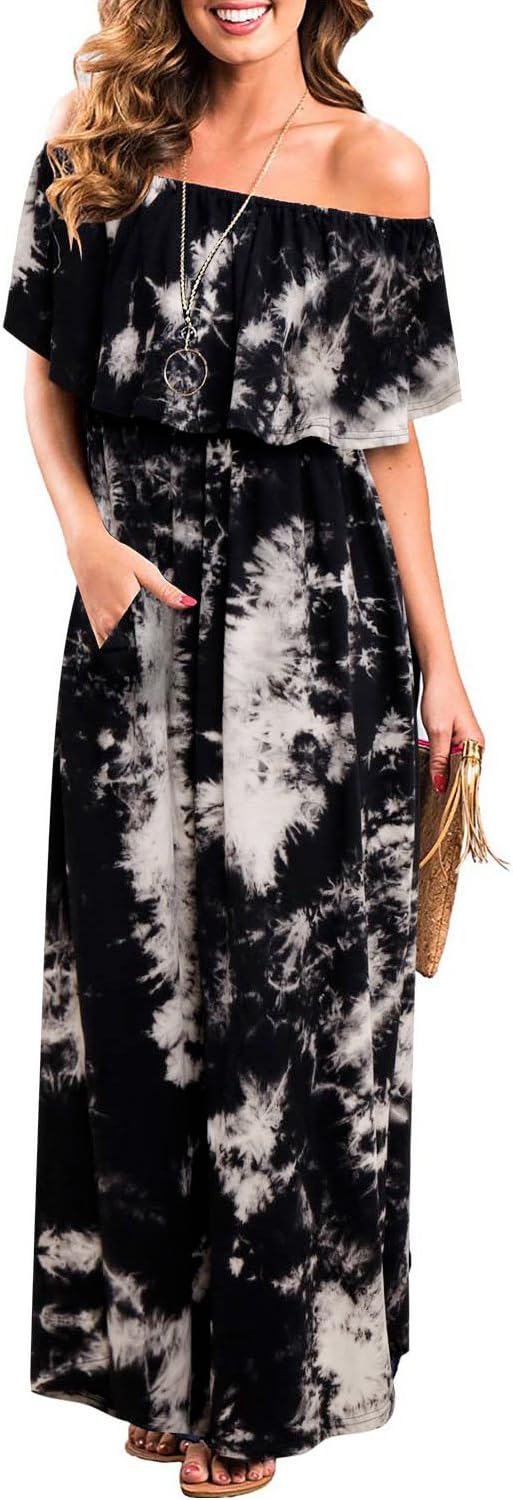 Womens Off The Shoulder Ruffle Party Dresses Tie Dye Split Maxi Long Dress
