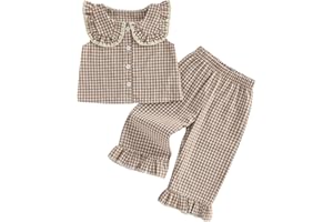 Girls Summer Outfits Ruffle Sleeve Button up Dress Tops Plaid Cotton Linen Pants Spring Toddler Girl Fashion Clothes