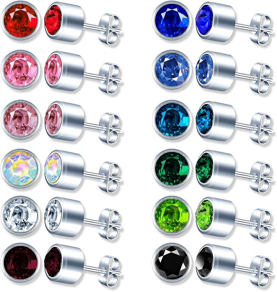 12 works Stud Earrings Stainless Steel Ear Studs Round Cubic Zirconia Earrings Surgical Steel Ear Piercing Studs for Women Girls