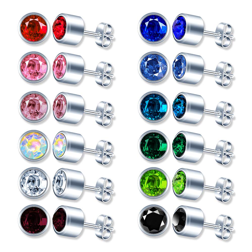 12 Pairs Stud Earrings Stainless Steel Ear Studs Round Cubic Zirconia Earrings Surgical Steel Ear Piercing Studs for Women Girls
