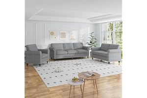 ijuicy 3-Piece Sectional Sofa Set, Modern Linen Upholstered Couch Set with 5" Thicken Cushion & Nailhead Trim, Living Room Furniture Set- Armchair Loveseat and 3 Seat Sofa (Light Gray)