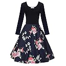 Aserlin Women's Long Sleeve Scoop Neck Floral Cocktail Casual A-line Party Dress with Pockets 04-L