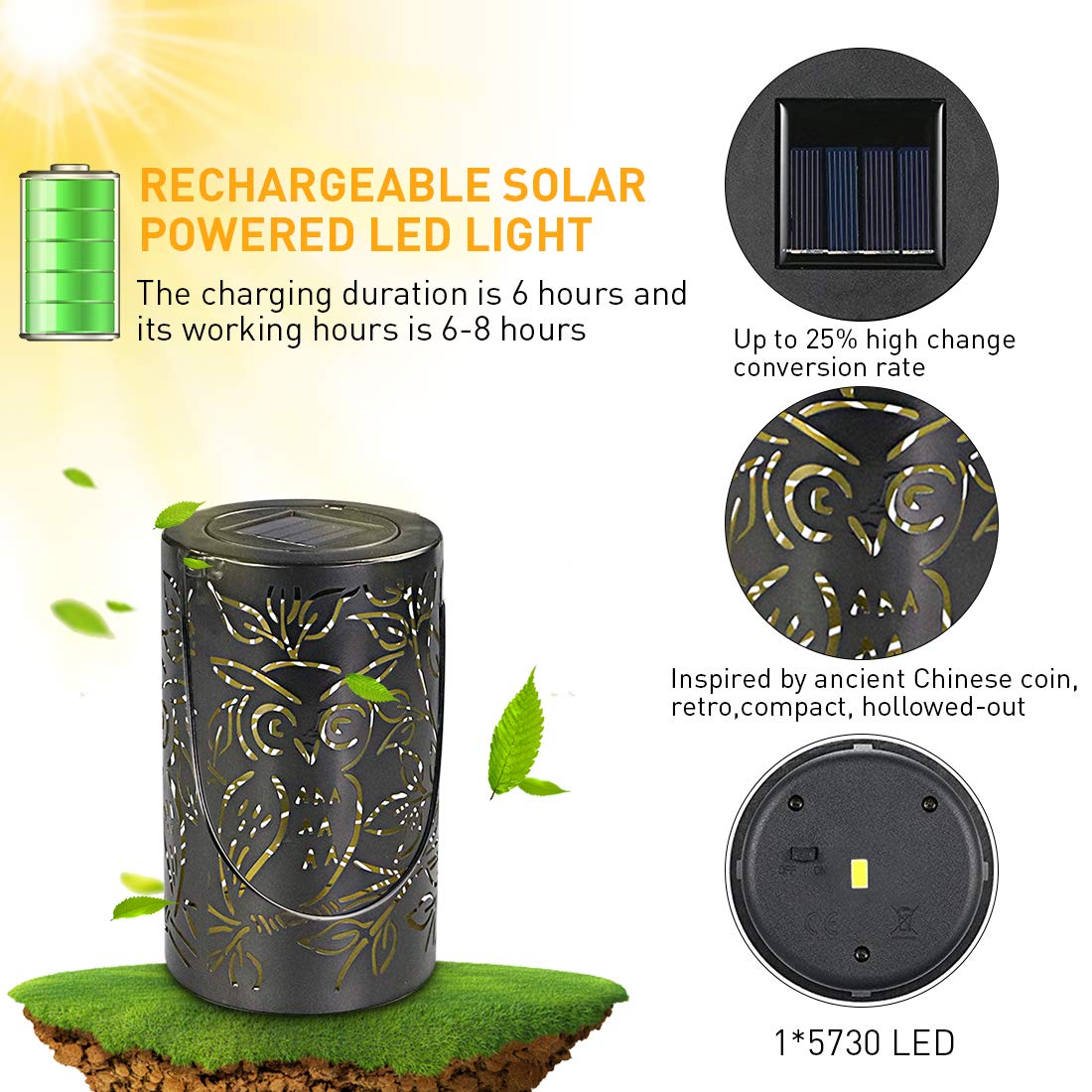 LED Solar Laterne Solarlaterne für außen，Retro Pendelleuchte mit Wiederaufladbaren IP44 Wasserdicht Eule Form für Garten Hof Terrasse Rasen Party Decor