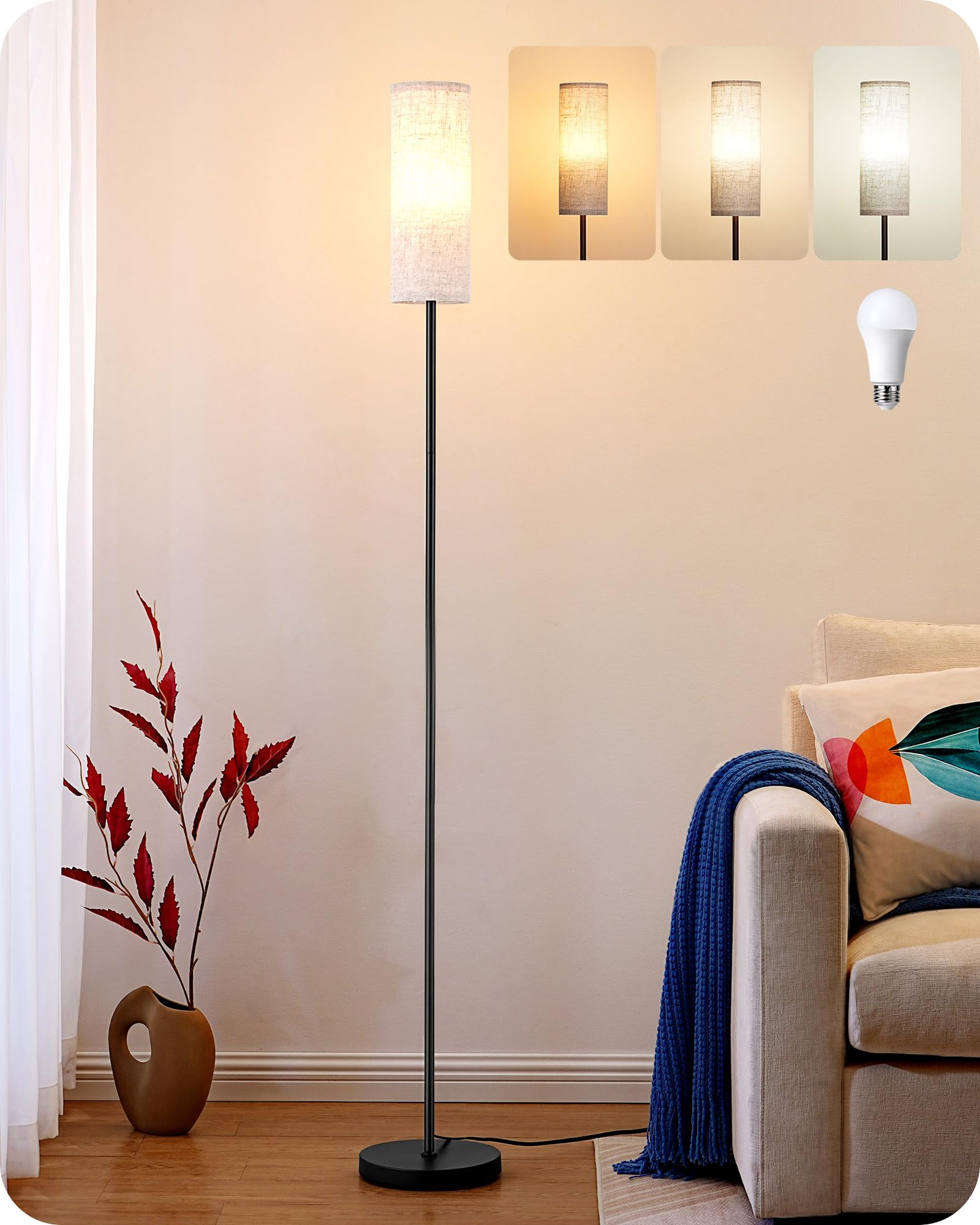Photo 1 of EDISHINE Floor Lamps for Living Room, 63.7in Minimalist Standing Lamp with 9W LED Bulb, 3 Color Temperature, Modern Corner Lamp for Bedroom, Nursery, Office, Foot Pedal Switch, Black