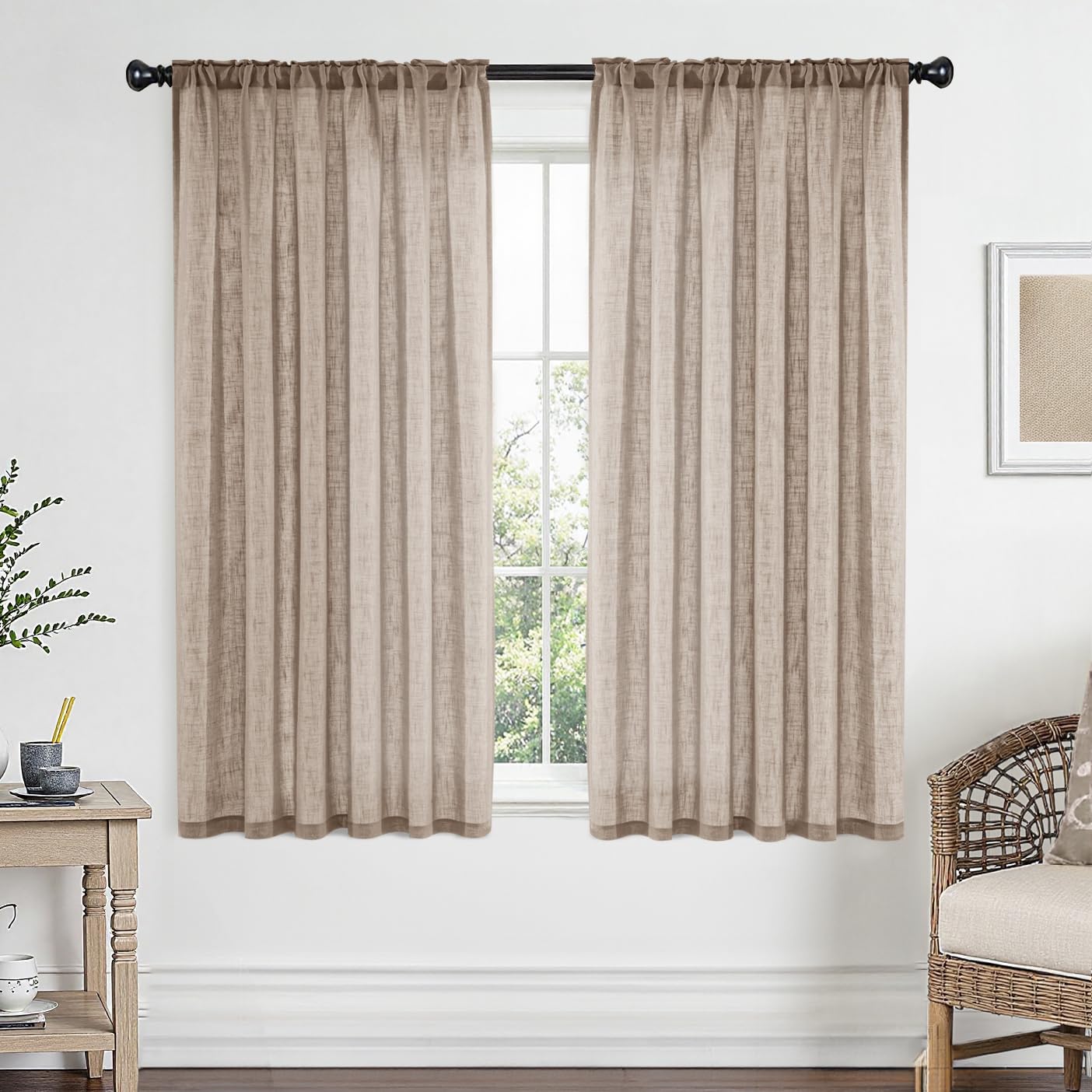 Photo 1 of MIULEE Taupe Linen Curtains 54 Inch Length 2 Panels Set for Living Room Bedroom Tan Semi Sheer Light Filtering Farmhouse Rod Pocket Short Soft Thick Linen Textured Window Drapes W42XL54