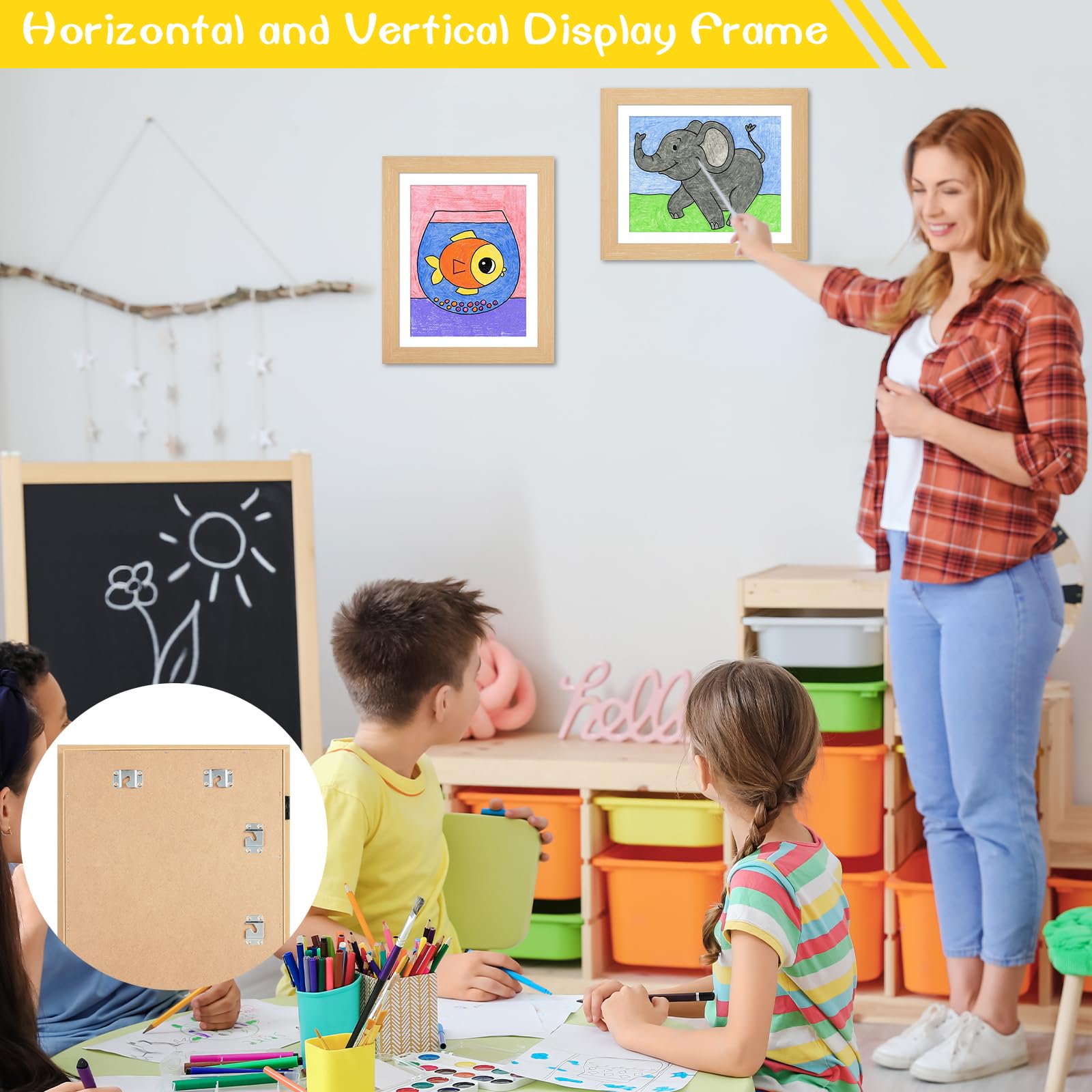 3Pack Kids Art Frames Natural Woodgrain, 10x12.5 Child Artwork Frame Without Mat Changeable Front Opening, 8.5x11 Frame With Mat, Children Storage Frame Holds Crafts, Drawing, Art Project, Schoolwork