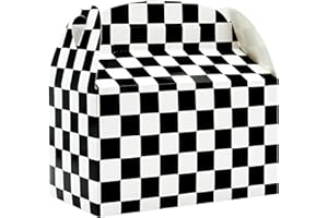 PEIQICHU 24PCS Checkered Racing Treat Boxes Race Car Party Favors Bags Black and White Checker Racing Flag Cardboard Boxes with Handles for Candy Goodie Bags