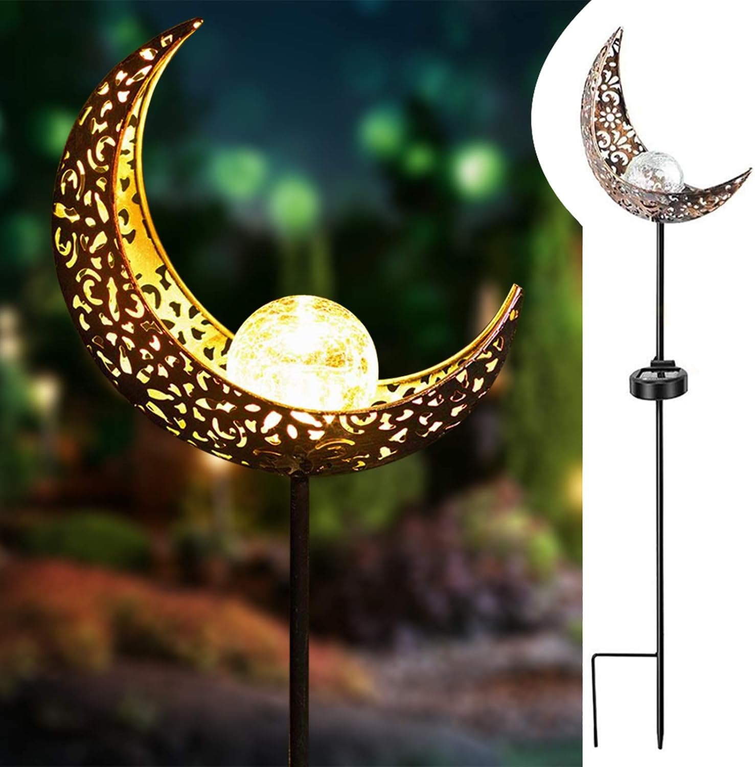 Apissada Solar-Garden-Lights Moon Crackle Glass Globe Garden Decor-Outdoor Waterproof Garden Decorative Stake Light for Pathway, Patio, Lawn Yard (1 Pack)