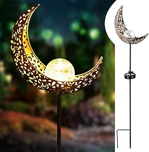Apissada Solar-Garden-Lights Moon Crackle Glass Globe Garden Decor-Outdoor Waterproof Garden Decorative Stake Light for Pathway, Patio, Lawn Yard (1 Pack)