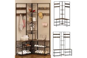 GiftGo Corner Hall Tree with Shoe Rack Storage Bench Display Open Shelves Modern Industrial Entryway Coat Rack Stand for Home