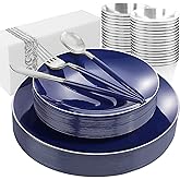 KIRE 175Pcs Blue Plastic Plates with Silver Rim & Disposable Silverware with Blue Handle & Silver-rim Cups & Hand Napkin & Plastic Dinnerware for Parties/Wedding