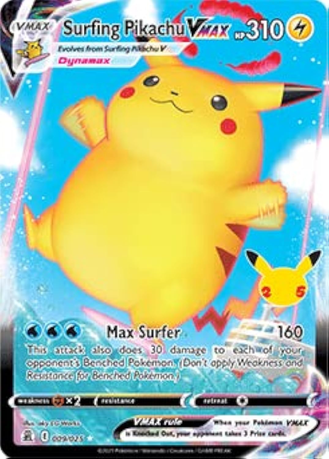Pokemon Celebrations Surfing Pikachu VMAX, 25th Anniversary,Full Art Rare Holo VMAX + Surprise Card! (AUB09JMFQ2Z4)