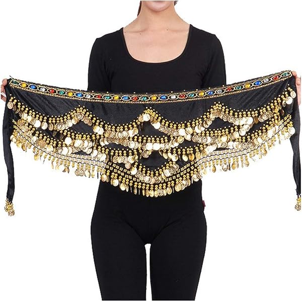Belly Dance Hip Scarf Skirt With Coins & Chains - Velvet Tribal Triangle Belt