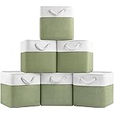 Patvingot 11 Inch Cube Storage Bins, 6 Pack Fabric Storage Cubes with Rope Handles, Organizer Baskets for Closet Shelves, Clothes and Home Organization(White/Green)