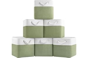 PATVINGOT 11x11 Cube Storage Bins, Collapsible Fabric Storage Cubes, 6-Pack Foldable Storage Bins with Rope Handles for Toy Storage, Closet Organization, Shelf Bin, Pantry and Home Decor (White&Green)