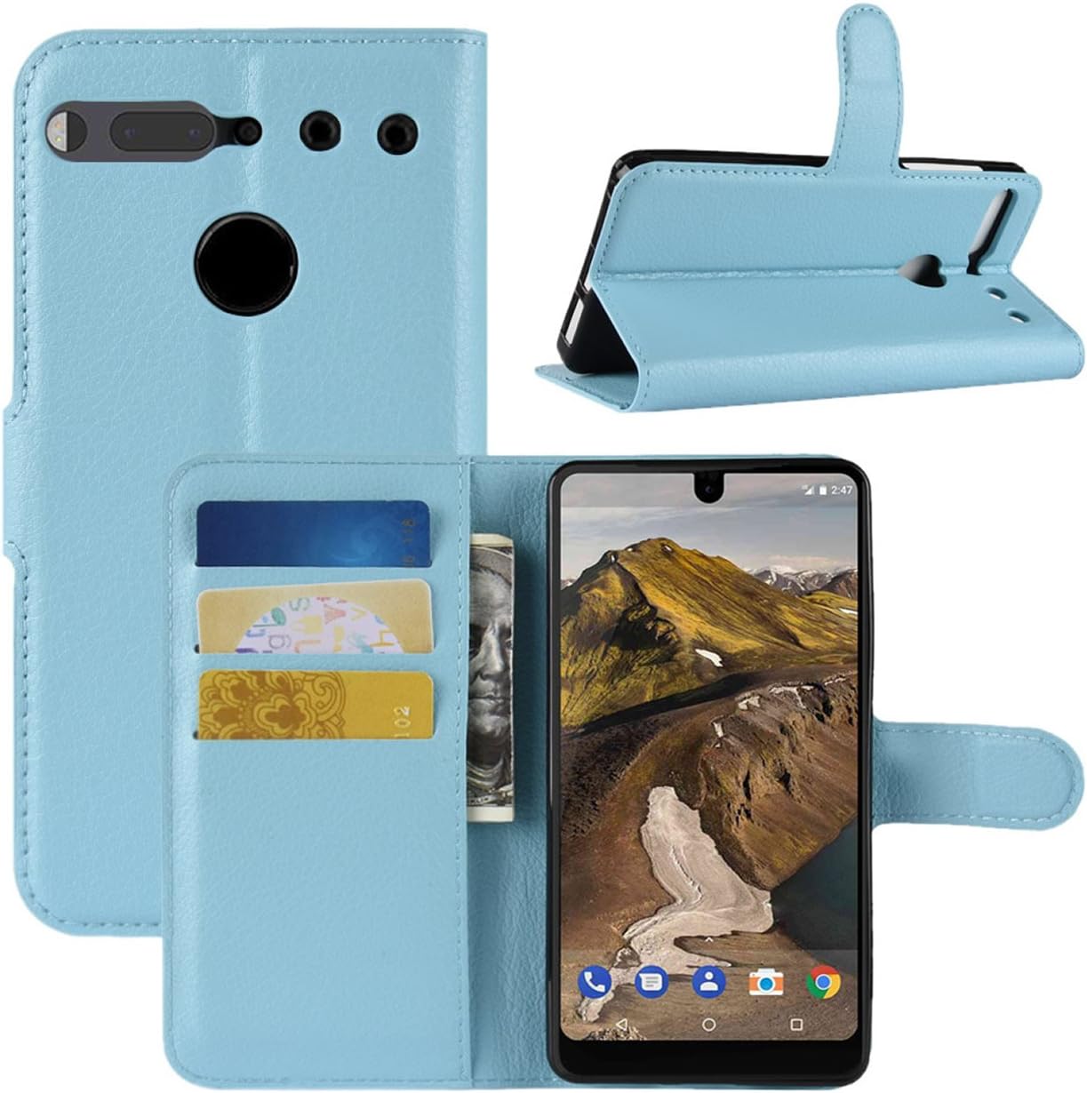 Fettion Essential Phone PH-1 Case, Premium PU Leather Wallet Case Book Flip Phone Case Cover with Kickstand and Credit Card Holder, Magnetic Closure for Essential Phone PH1 - Blue