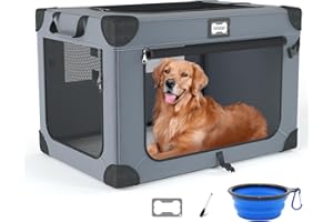 QUIBBLICK 42 Inch Soft Dog Crates, Collapsible Dog Travel Crate for Extra Large Dogs Indoor & Outdoor, 3-Door Foldable Pet Kennel with Mesh Windows, Soft Blanket and Foldable Bowl