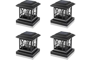 AEFRELEOHT Solar Post Cap Lights, Warm White & RGB Automatic Cycling, Cracked Glass Bulb, 20 Lumens lP65 Waterproof Fit 3.6x3.6 4x4 4.5x4.5 5x5 Wood Fence Post Solar Powered Lights Black (4 Pack)