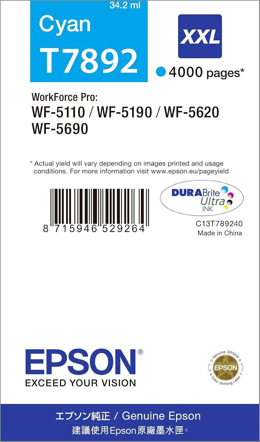 Epson T7892 Cyan Genuine, XXL High Yield Ink Cartridge DuraBrite Ultra, Super high