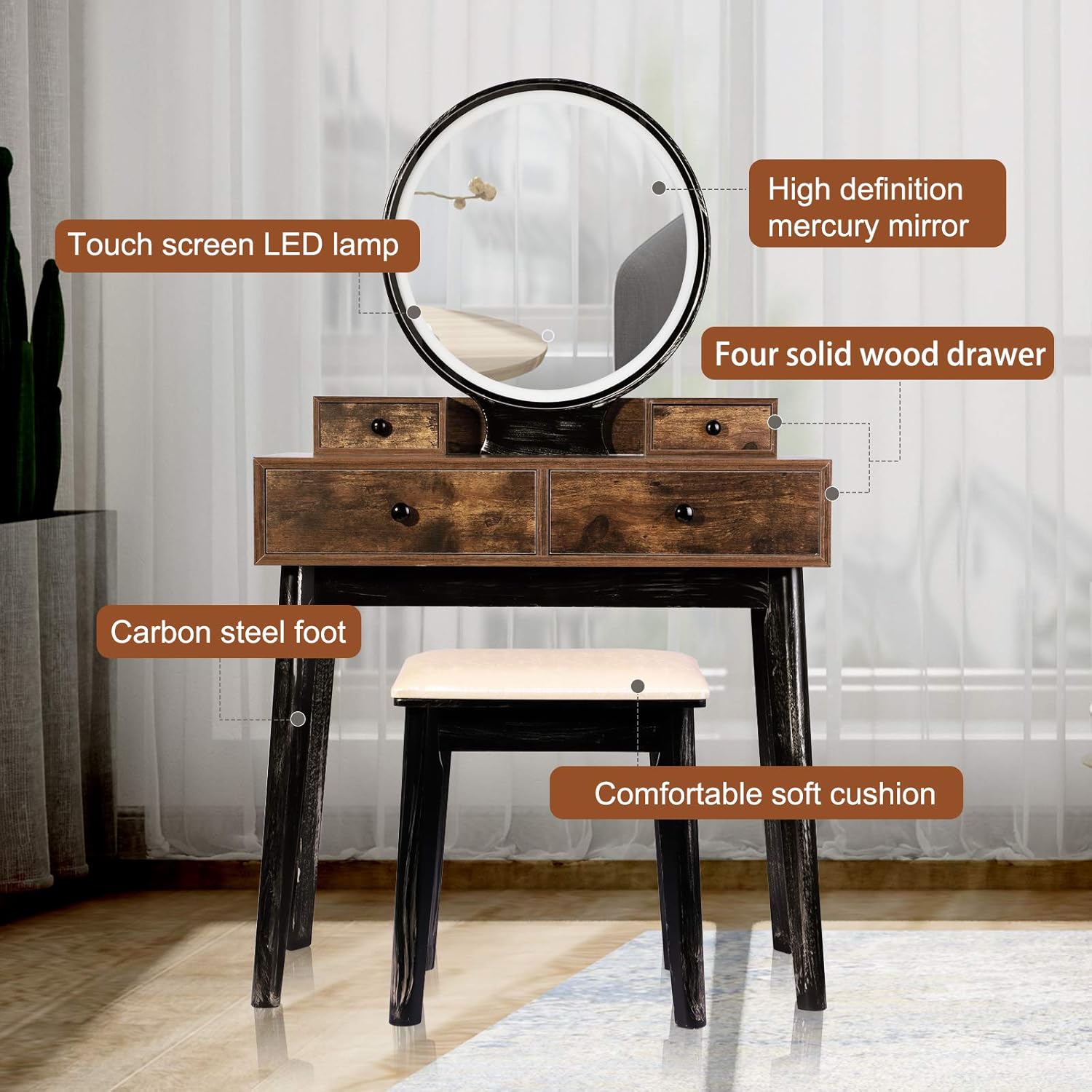 TWING Vanity Table Set,Vanity Set Makeup Dressing Table Dimming Mirror Vanity Desk with 4 Drawers,Brown: Kitchen & Dining