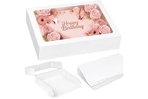 Moretoes 6 Pack 19x14x4 Inch Auto-Popup Sheet Cake Boxes with Thick Cake Boards, White Rectangle Bakery Boxes with Window for
