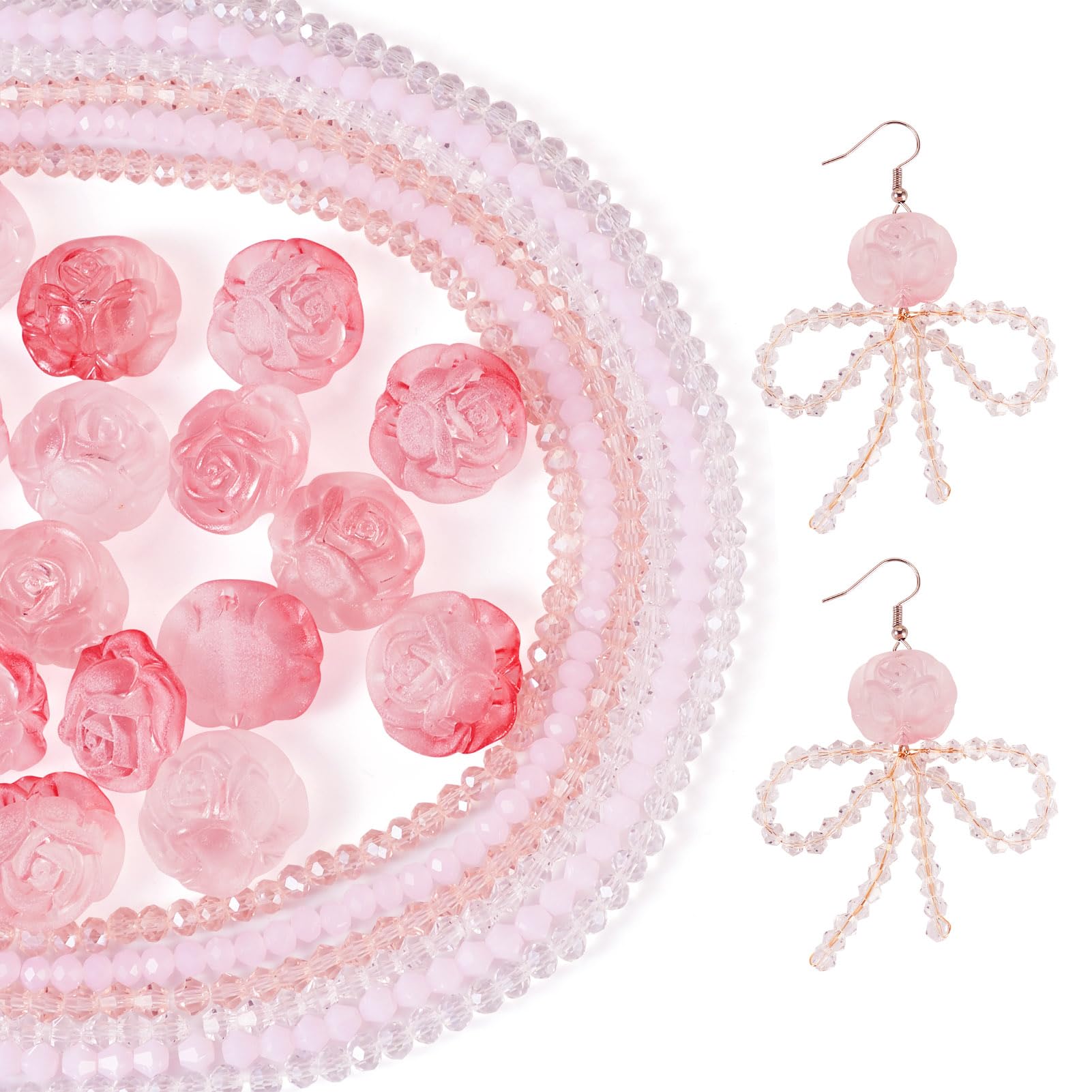 Crafans Pink Crystal Rose Beads Austrian Crystal Bicone Glass Beads Strands Acrylic Flower Spacer Beads Bulk for DIY Bracelet Jewelry Making