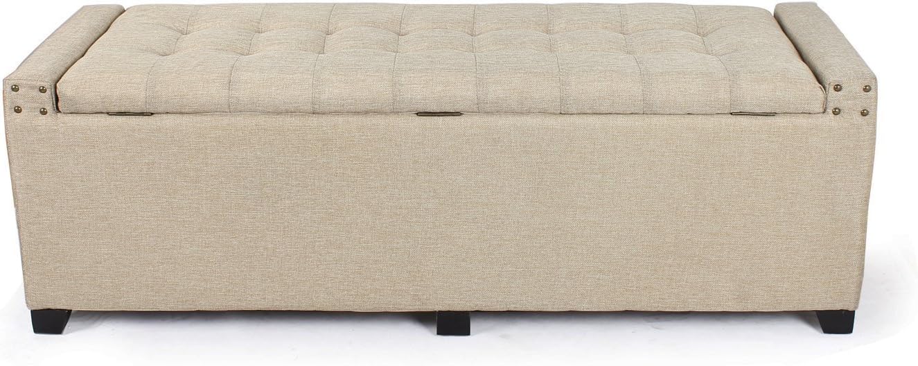 Asensefurniture Fabric Rectangle Tufted Lift Top Storage Ottoman Bench, Footstool with Solid Wood Legs, Nailhead Trim (Cream) 2016