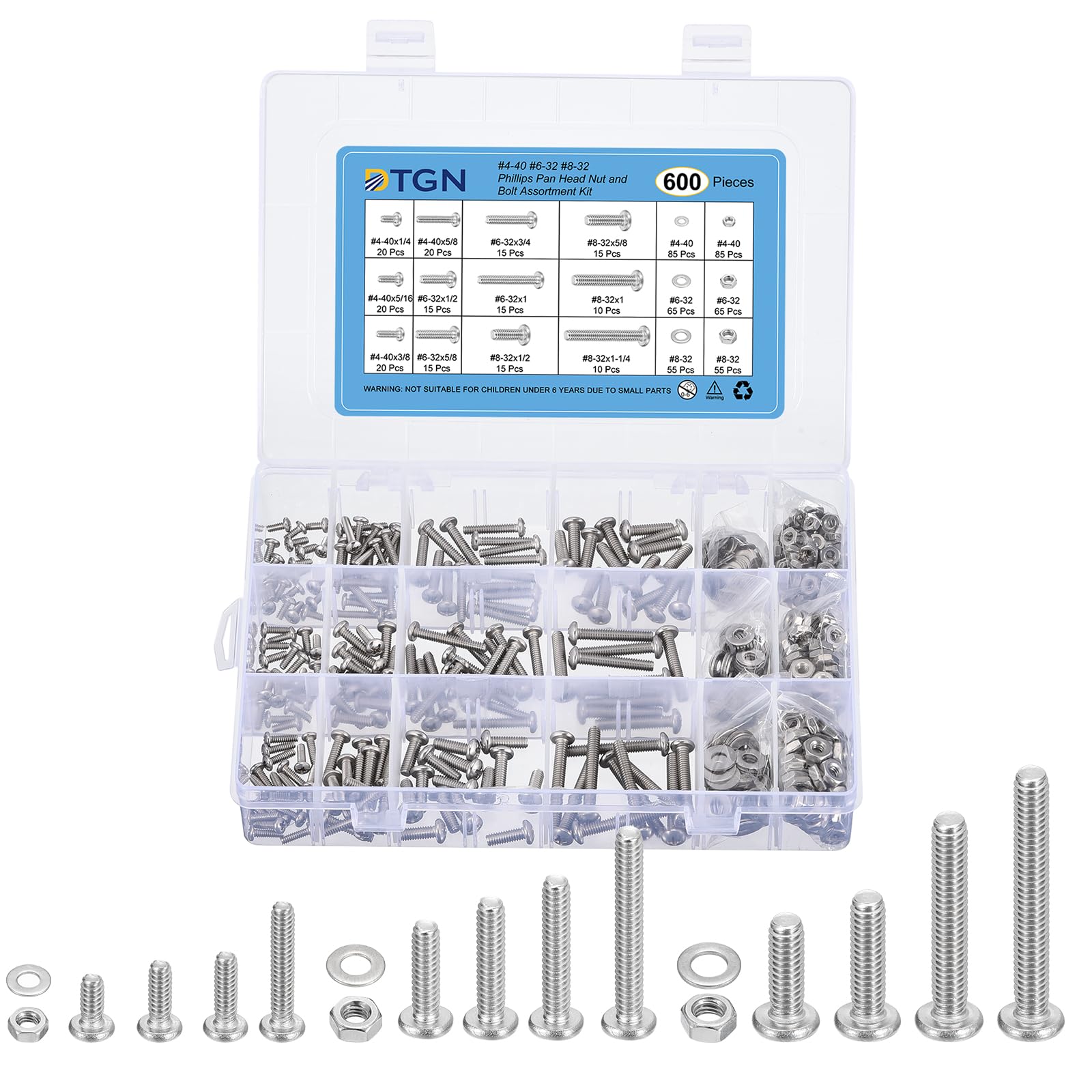 DTGN 600Pcs Machine Screws Assortment Kit, #4-40#6-32#8-32 Phillips Pan Head Nut and Bolt Assortment Kit, 304 Stainless Steel, Phillips Drive Pan Head Bolt Assortment With Washers