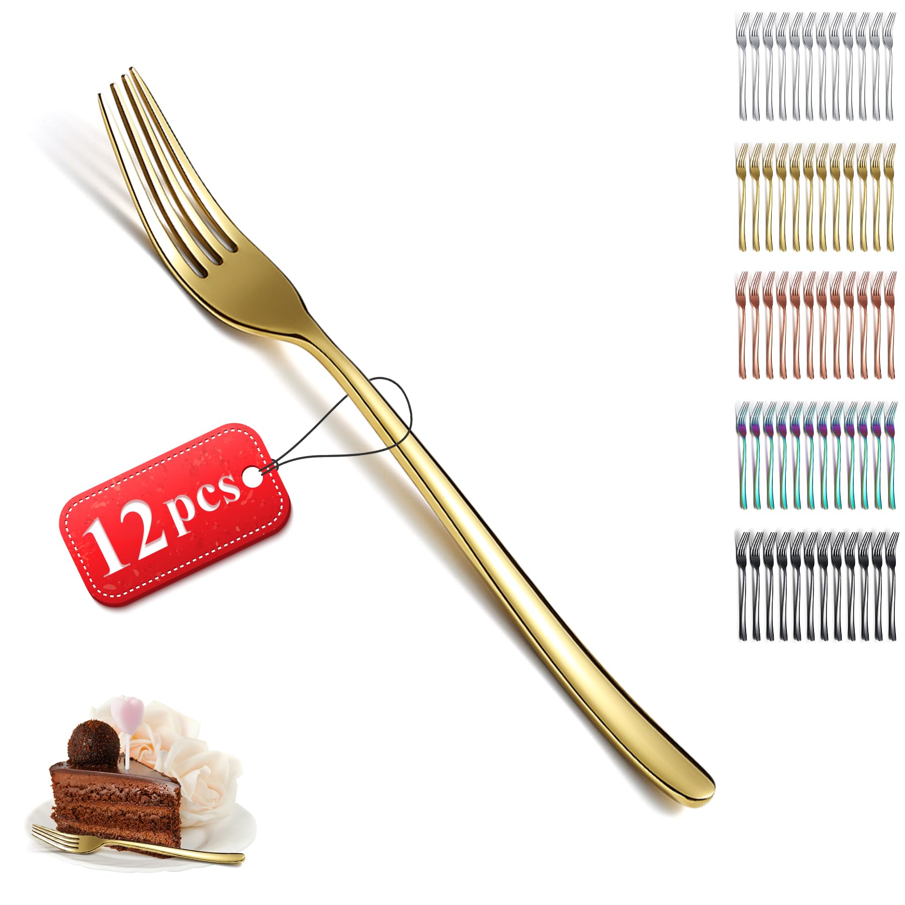 Kyraton Gold Dinner Forks Set of 12 Pieces, 20.5cm Titanium Golden Plating Stainless Steel Table Forks Cutlery Set for Home, Restaurant, Hotel, Dishwasher Safe