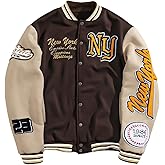 GORGLITTER Men's Letter Graphic Varsity Jacket Long Sleeve Striped Trim Button Bomber Jackets