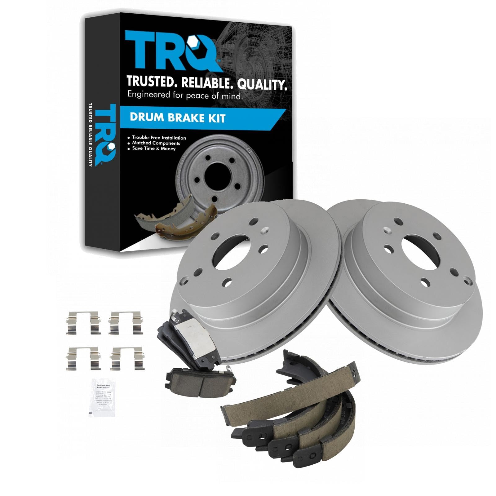 TRQ Rear Brake Pad and Rotor Set Ceramic G Coated Rotors Parking Brake Shoe Compatible with 2013-201