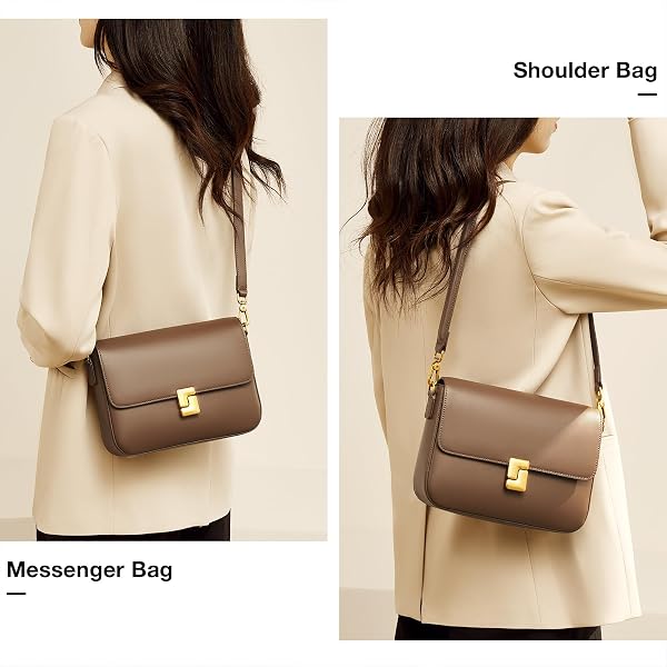 FOXLOVER CLASSIC LEATHER CROSSBODY SHOULDER BAG WITH GOLD-TONE BUCKLE-ADJUSTABLE STRAP ELEGANT PURSE, BROWN