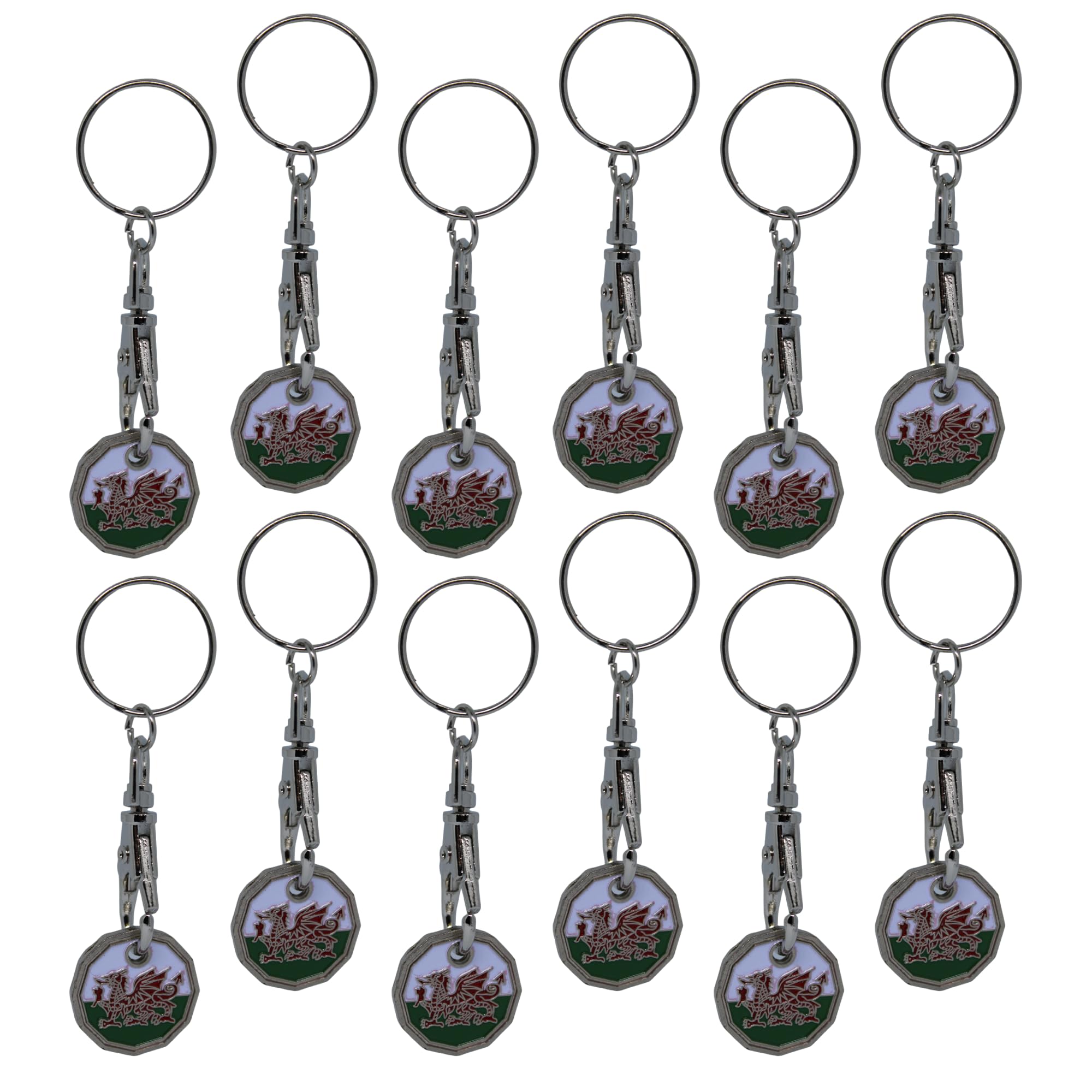 12pk Shopping Trolley Token Key Ring | Trolley Tokens for Supermarket, Gym Locker | New Pound Coin UK Tokens (12pk Wales Flag)