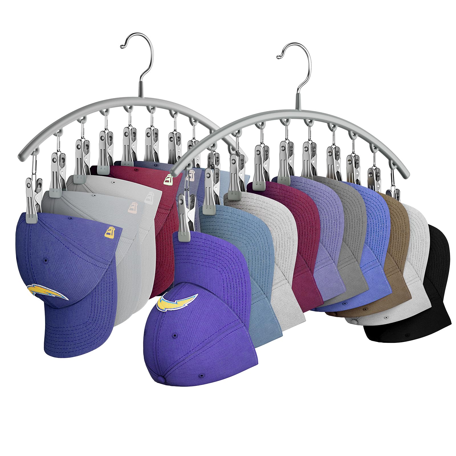 Yecuip Hat Hangers for Closet, Metal Hat Organizer for Baseball Caps 2 Pack Door Hat Racks for Baseball Caps w/ 10 Large Clips, Baseball Cap Hangers for Closet Storage, Fits All Caps